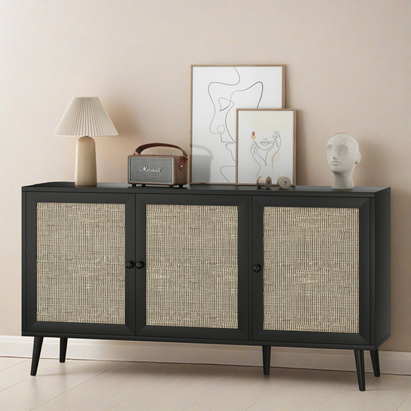 Buffet moderne noir avec 3 portes en rotin naturel - Grande console de rangement pour le vestibule, le salon et la cuisine