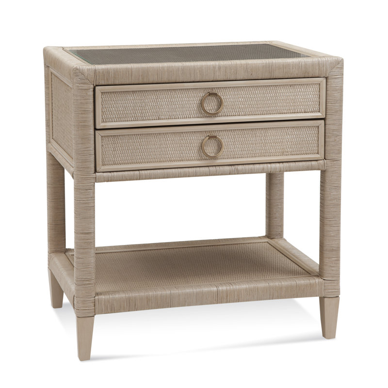 Warwick 2 - Drawer Wicker Nightstand, Stone Hearth, Satin Brass