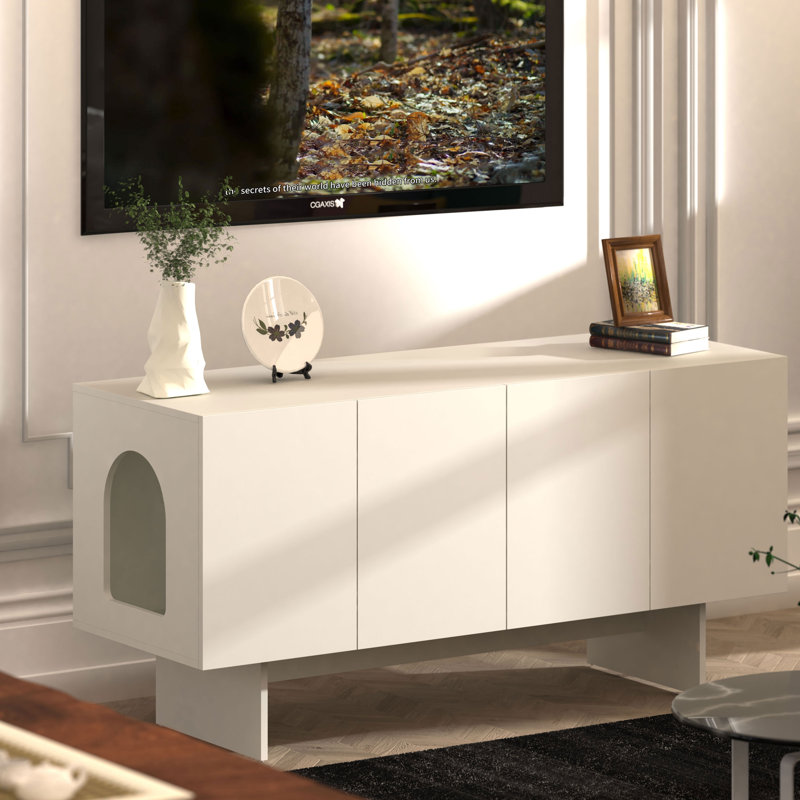 Cat Litter Box Enclosure Furniture with Double Room for 2 Cats, Scandi Style(White), White