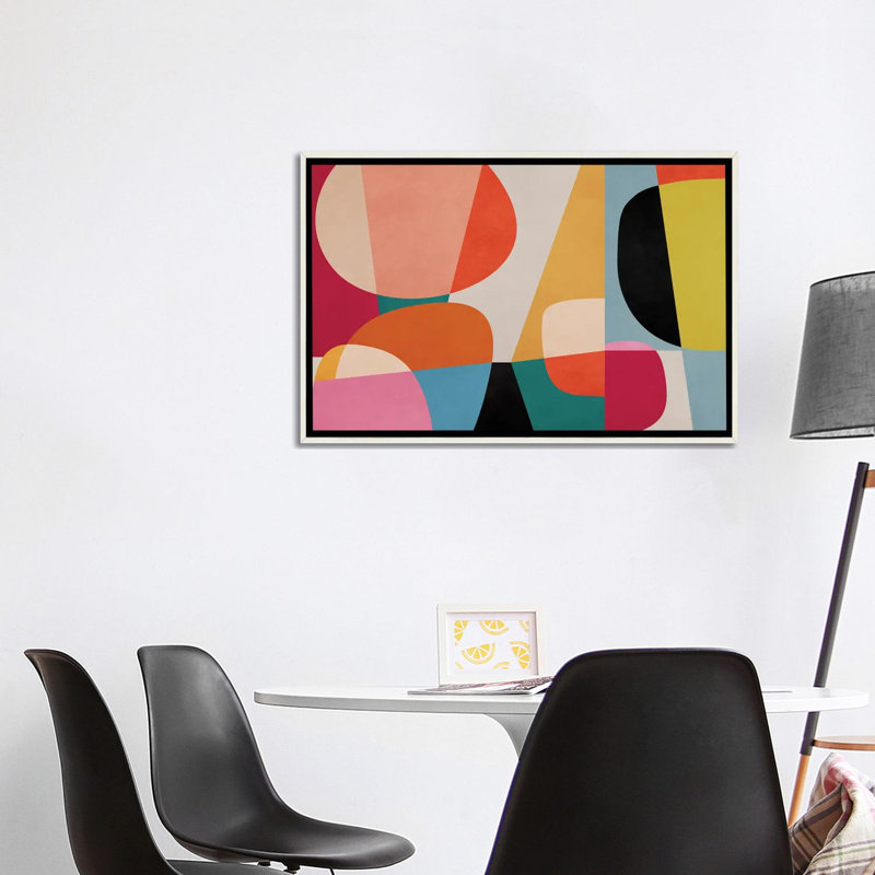 Colourful And Rounded Pieces, Distressed White Floater Framed Canvas, 26" H x 40" W x 1.5" D, No Mat