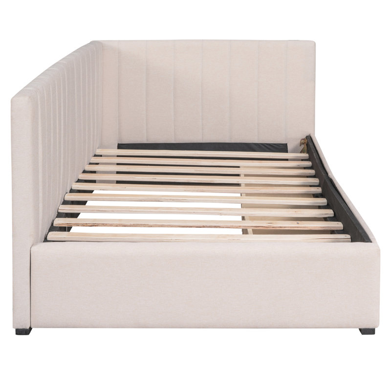 Twin Size Upholstered Daybed With 2 Storage Spaces In Beige Linen - No Box Spring, Versatile Bedroom Furniture Option Areas, Create A Relaxing Atmosphere
