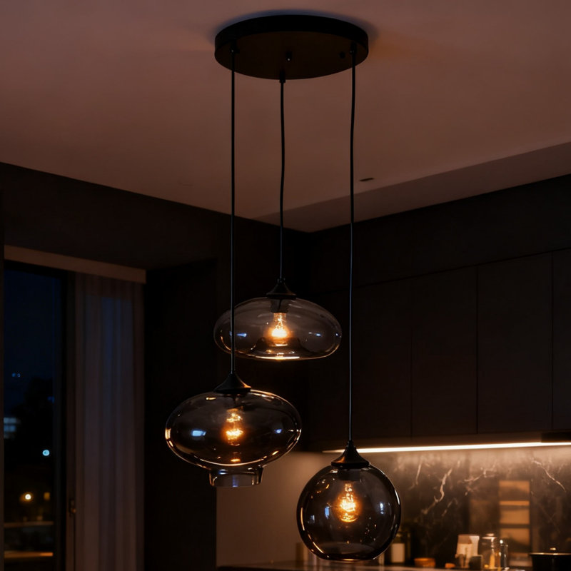 Triple-head Smoke Gray Glass Pendant Light - Adjustable Length / E26 Base / Wall Switch