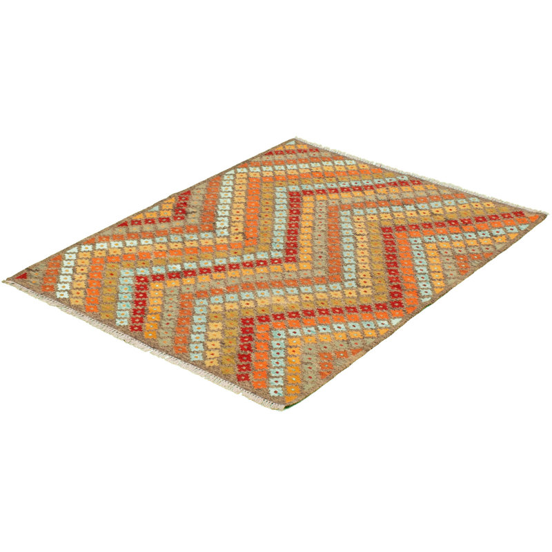 Tapis décoratif en laine de conception unique 4 pi 2 po x 5 pi 9 po noué à la main New Age orange/bleu/jaune