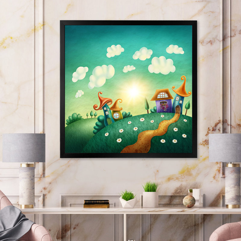 " Little Houses In Green Fantasy Village " by Designart, 16" H x 16" W, Black Picture Frame Canvas