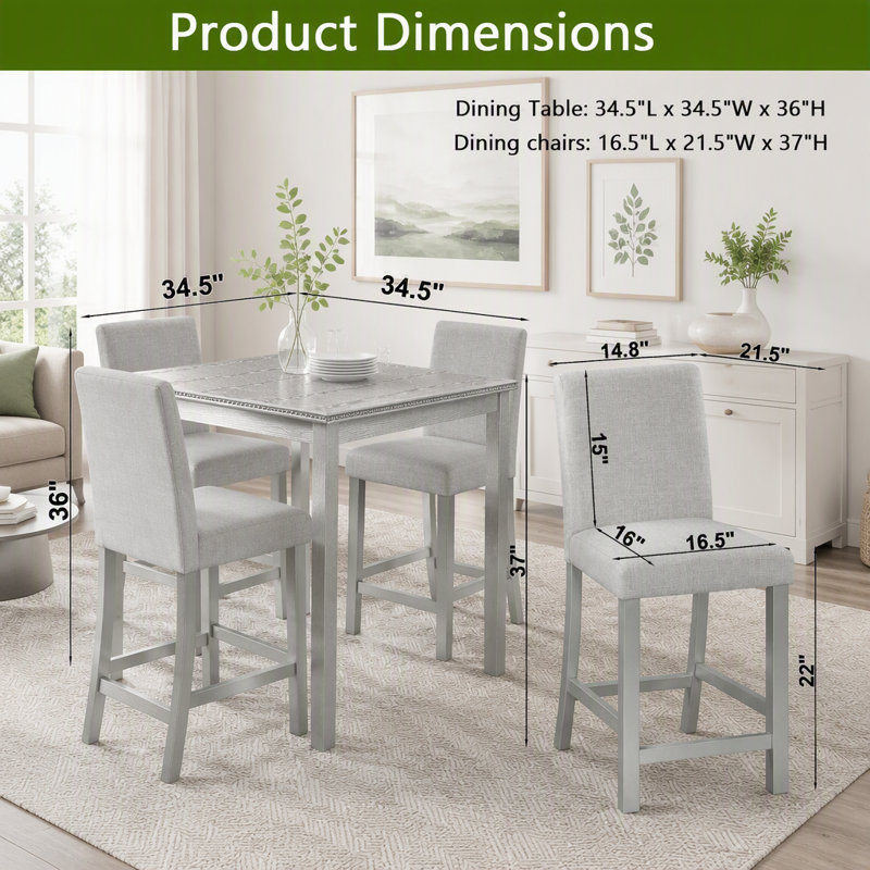 Ensemble de salle à manger 5 pièces hauteur comptoir avec bordure en cristal, Beige / gris argenté