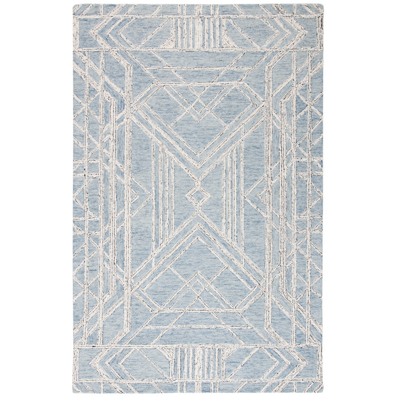 Rosalind Geometric Handmade Tufted Wool and Cotton Light Blue/Ivory Area Rug, Rectangle 4' x 6'