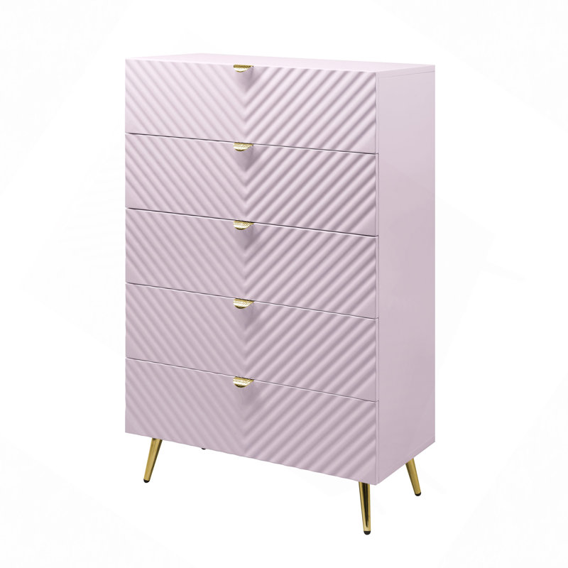Commode à tiroirs, commode à finition brillante rose Gaines