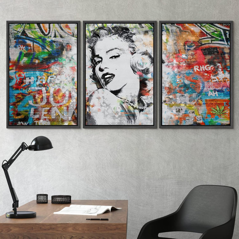 Peinture en aérosol Marilyn Monroe Graffiti et art urbain, art moderne coloré, portrait urbain, 3 pièces, Cadre flottant noir