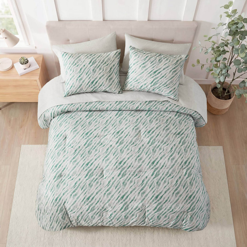 Ensemble d'édredon 7 pièces vert et gris, draps, Lit double