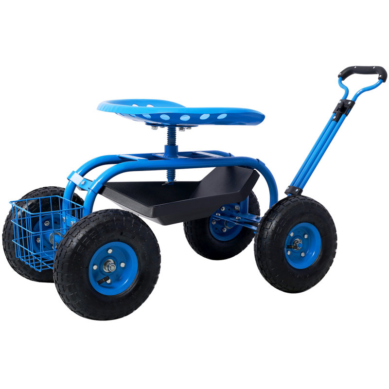 Siège de chariot de jardin à roulettes avec roues et plateau à outils, siège pivotant à 360 °, bleu, Bleu