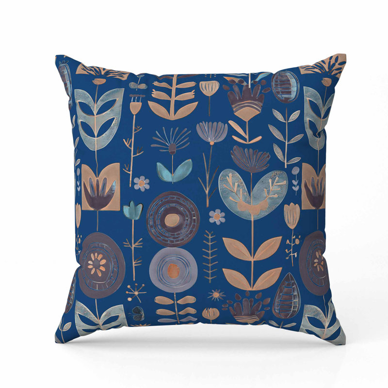 Coussin en suède Baltic Blossoms, Carré 20 po, Bleu / Orange