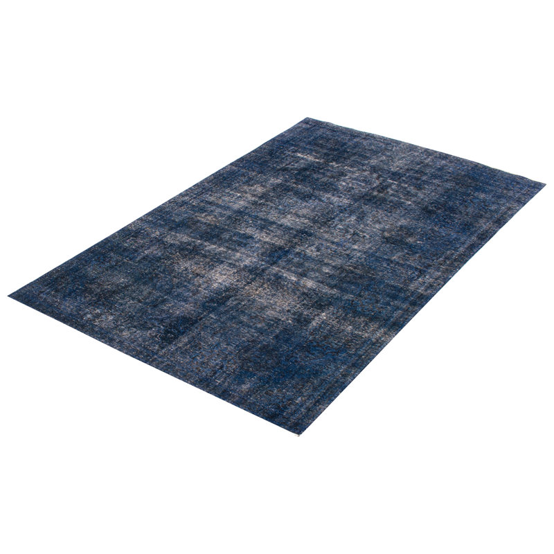 Tapis bleu foncé en laine noué à la main de conception unique 7 pi 3 po x 11 pi 6 po Norig