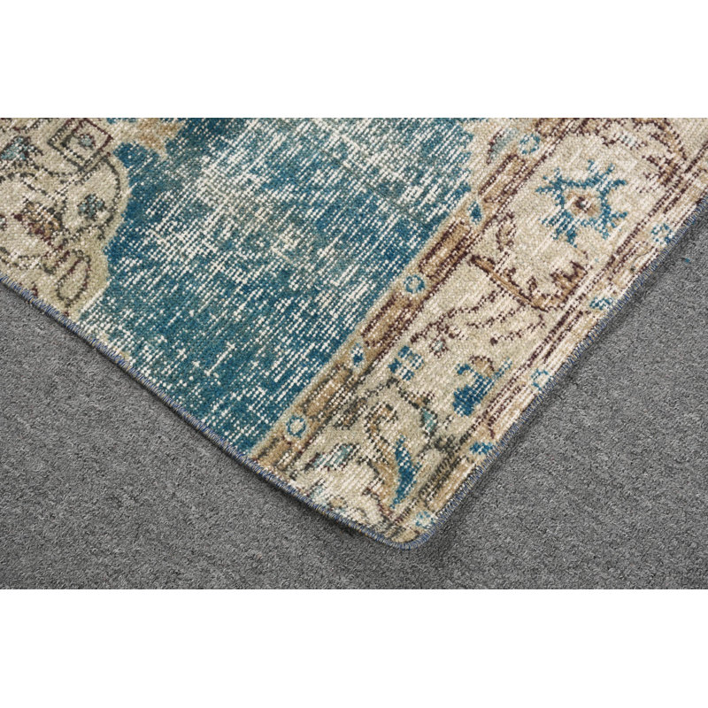 Vintage Turkish Door Mat in Teal and Beige for Elegant Oriental Home Decor