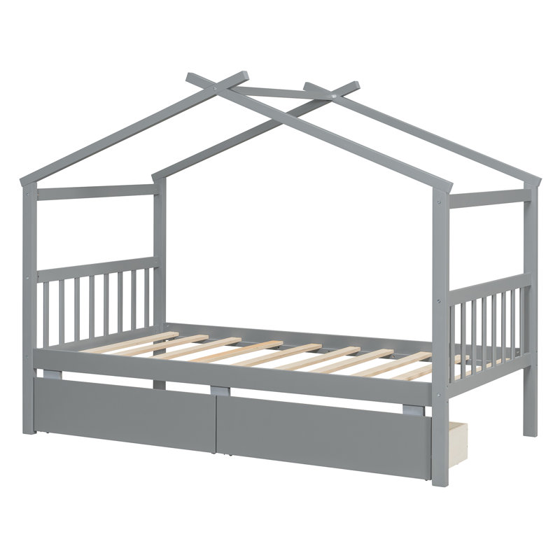 Lit simple en bois avec tiroirs, gris, Gris, Lit simple