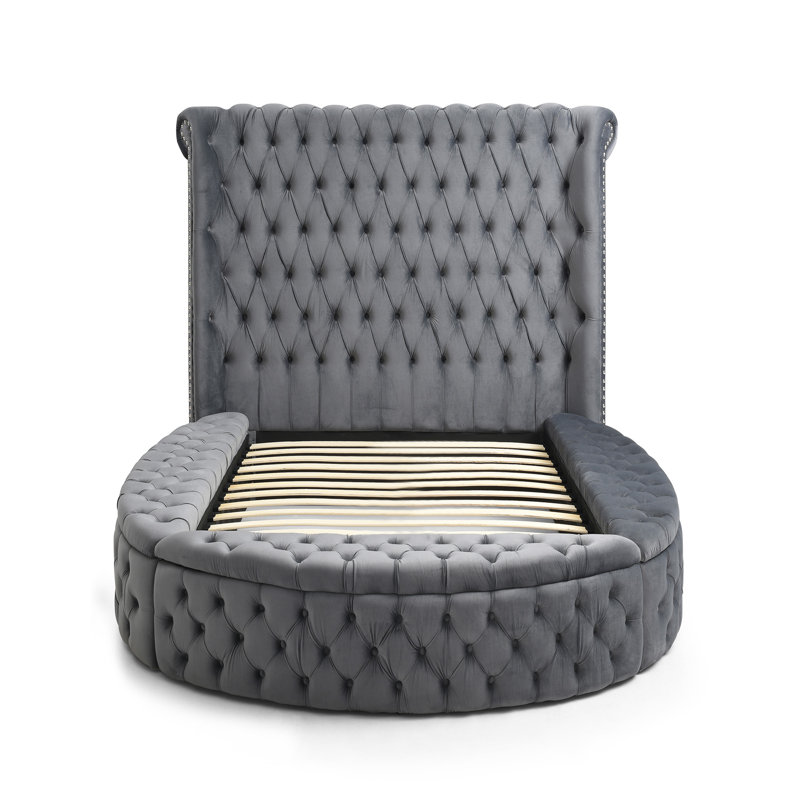 Lit avec rangement en velours Mirna, Gris, Lit simple