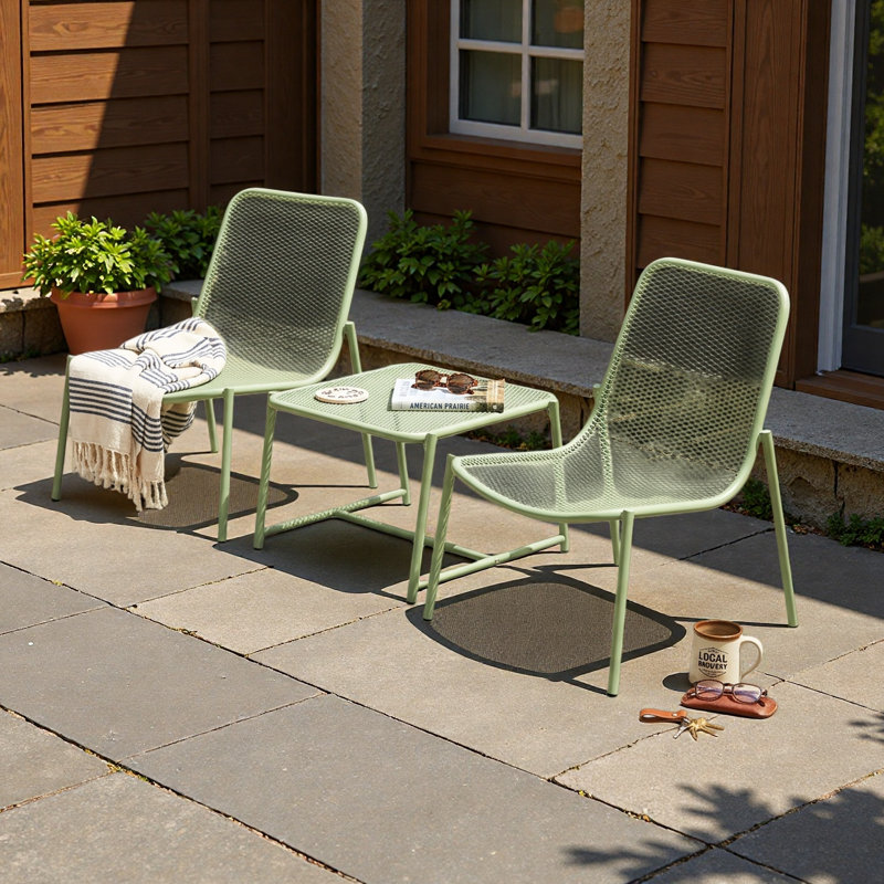Ensemble de conversation d'extérieur 3 pièces avec cadre en fer - 2 chaises en filet et 1 table d'appoint, Matière verte