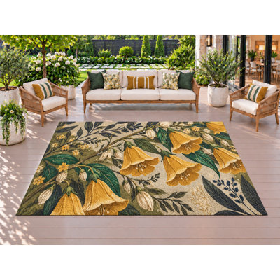 Tapis d'extérieur 5 pi x 7 pi Moutarde Bellflower Garden