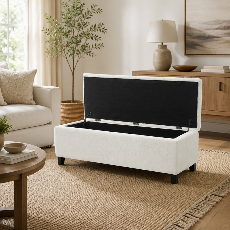 Banc ottoman avec rangement, surface en polyuréthane, pieds en bois d'hévéa, capacité de charge de 136 kg, Bouclé, Blanc