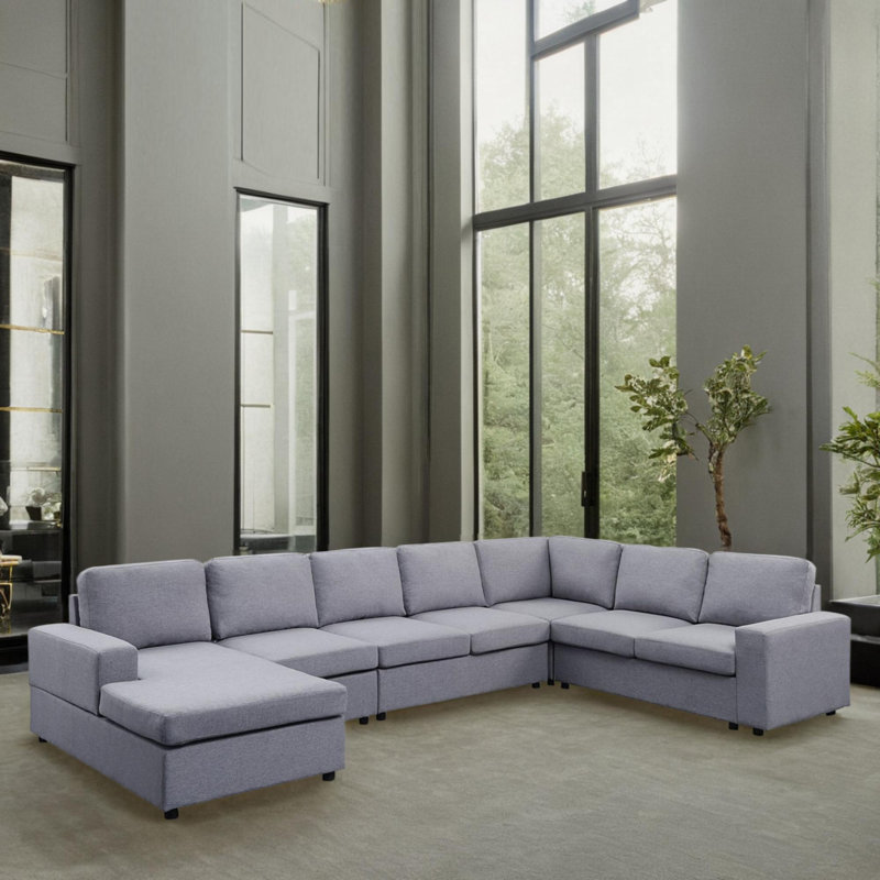 147" Reversible Modular Sectional Sofa Bed with Chaise, Light Gray Linen Blend
