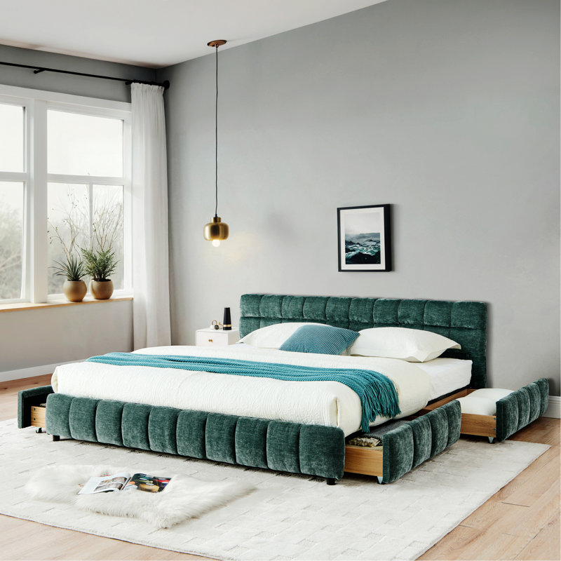 Upholstered Bed With Headboard, Storage Drawers, Blue/Green