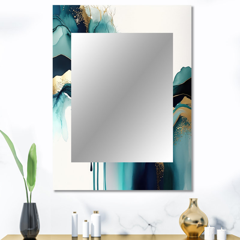 Teal And Gold Abstract Expression IV - Liquid Ink Decorative Mirror, Modern Wall Mirror, Printed Metal Art, 40" x 30"