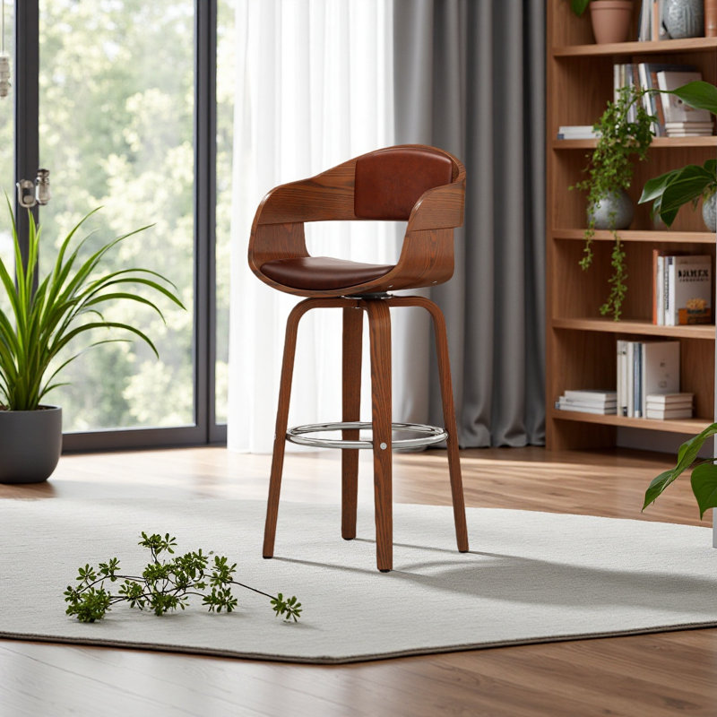 Upholstered Counter Stool, Cognac Faux Leather, 1