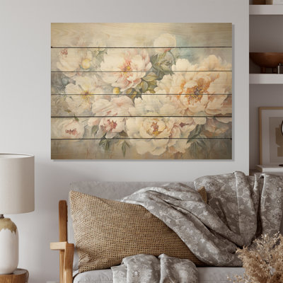 White Peonies Florescence Charm - Peonies Wood Wall Art On Natural Pine Wood