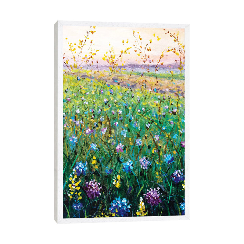 Beautiful Flower Wildflowers Landscape Art by Valery Rybakow - Painting on Canvas, 101.6 cm H x 66.04 cm W, White Framed
