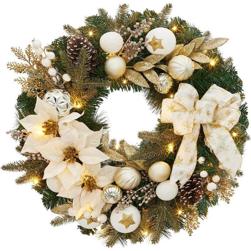Couronne de Noël pré-éclairée pour porte d'entrée, couronne lumineuse de 24 po avec boules de Noël, fleur artificielle et nœud