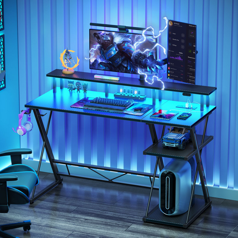 Computer Desk with LED Lights & Power Outlets, Gaming Desk with Monitor Stand and Storage Shelves