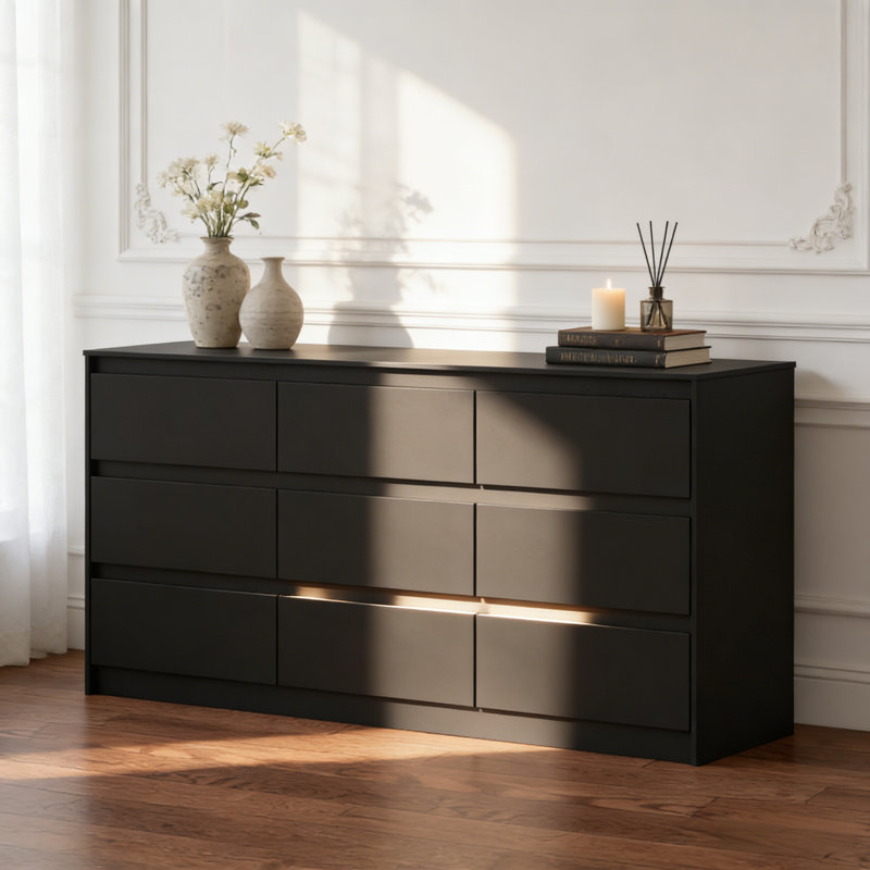 63" Wide 9 Drawers Dresser, Black