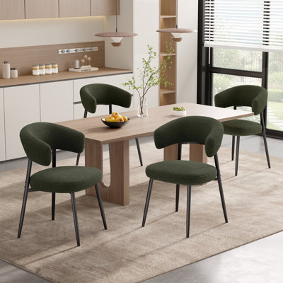 Modern Teddy Boucle Upholstered Dining Chairs with Curved Backrest, Thick Padded Seat & Metal Legs