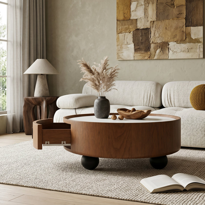 Table basse moderne 35,43 po avec plateau en pierre naturelle flammée, tiroirs de rangement et pieds sphériques Modern