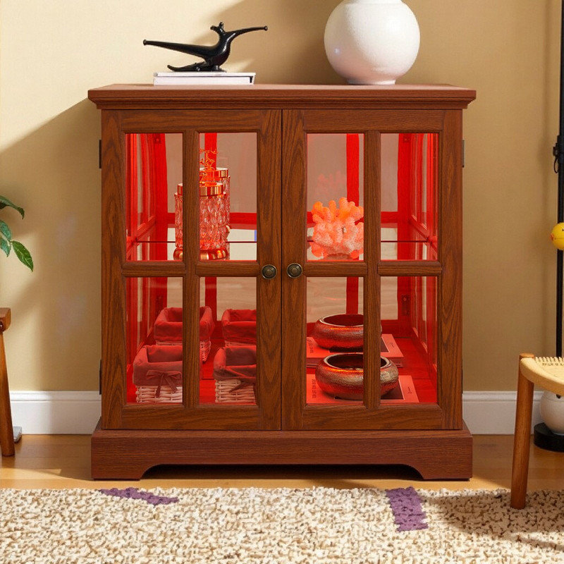 Vitrine antique à DEL avec portes en treillis, tablettes réglables en verre et commande d'éclairage Bluetooth