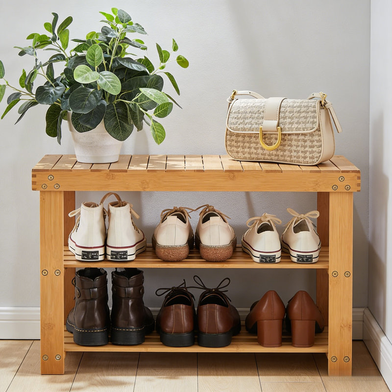 Bamboo Shoe Bench With 3-Tier Storage, Medium Yellow Wood