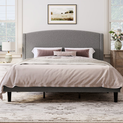 Chic Teddy Fleece Upholstered Platform Bed With Curve-Shaped Headboard, Modern Soft Boucle Fabric Bed Frame, Solid Wood Slat Support, No Box Spring Needed