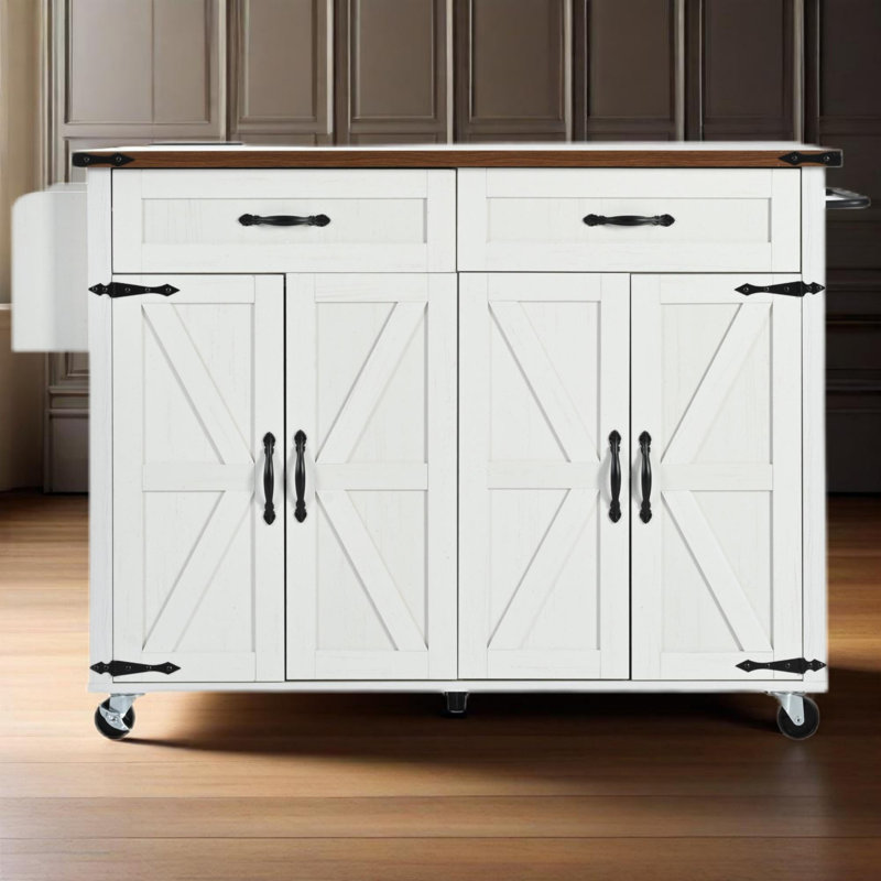 53.5''farmhouse Kitchen Island With Power Outlet, Kitchen Storage Island With Drop Leaf, Spice Rack And Drawer, Rolling Kitchen Cart On Wheels, For Home, Kitchen And Dining Room