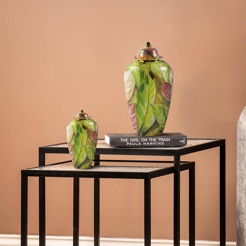 Ellendale Ceramic Ginger Jar for Living Room Furniture ,Green & Pink Leaves Decorative Ginger Vase Home Decor