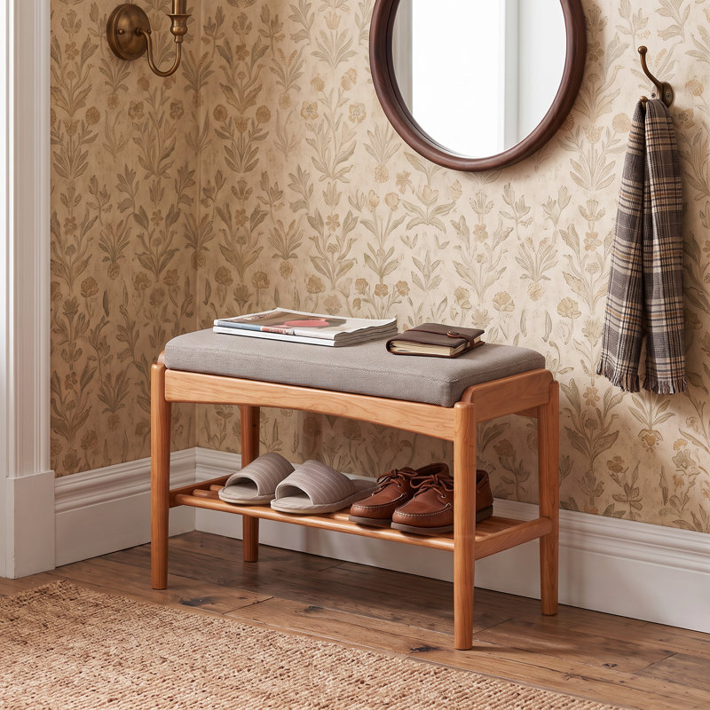 Solid Oak Shoe Bench, Red Oak, 23.6", Grey Beige