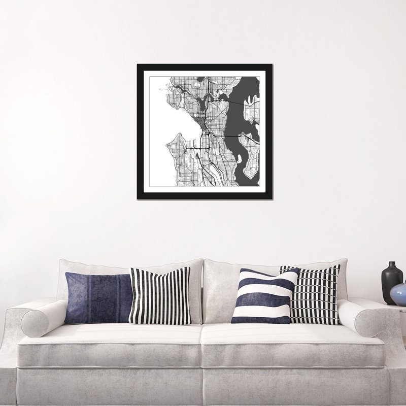 « seattle routes », impression sur toile tendue grise, H 24 po x l 24 po x P 1 po, Papier d'art encadré noir, Blanc