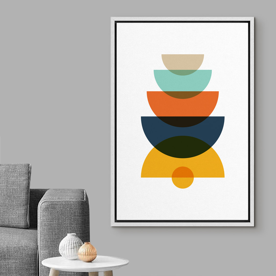 Mid Century Shape " Gray, Teal, Red, Blue & Yellow Semi Circles " IDEA4WALL Frame 