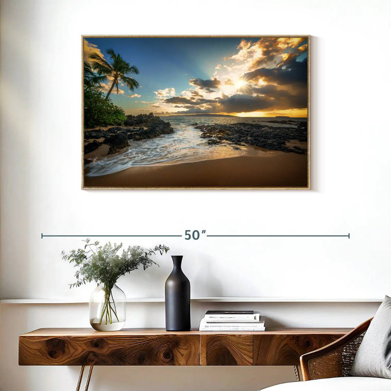Makena Cove, ciel coucher de soleil, Cadre flottant en bois naturel, 37 po x 25 po
