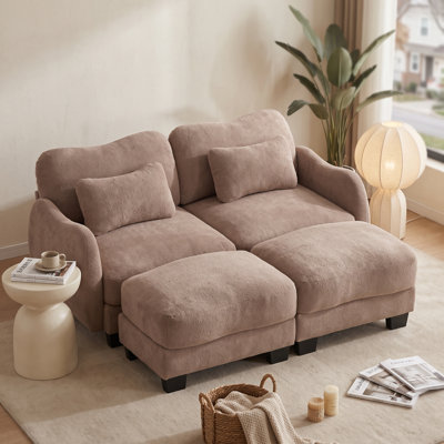 Canapé lounge 2 places incurvé surdimensionné en chenille avec 2 poufs amovibles et coussins lombaires, Rose Dust