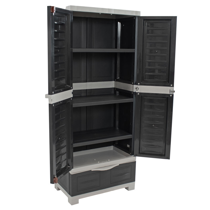 Lockable Storage Cabinet with 3 Adjustable Shelves and Bottom Drawer - Gray