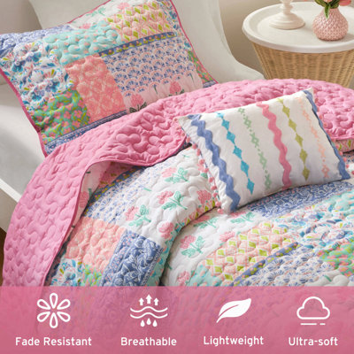 Ensemble de courtepointe réversible en microfibre 3 pièces rose simple / simple TG