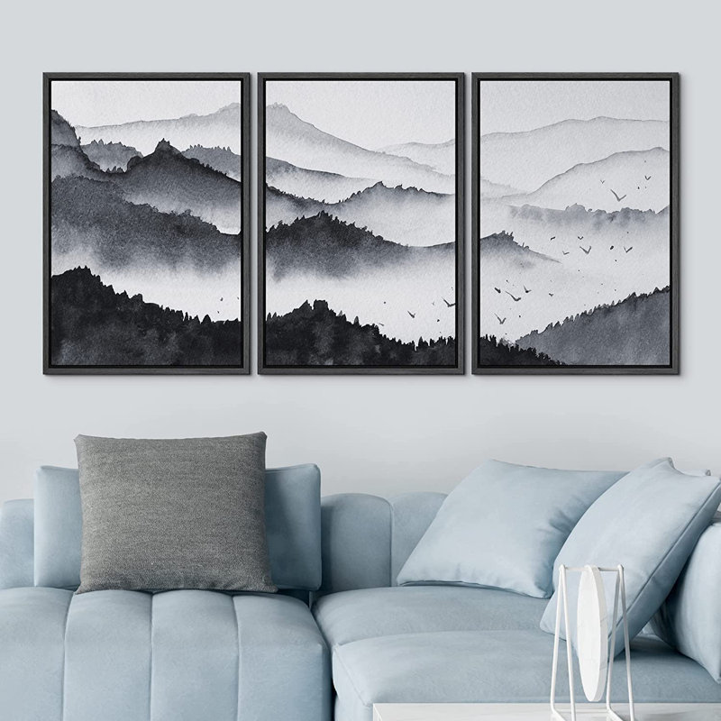«Misty Mountain Forest», peinture sur toile flottante 3 pièces, H 36 po x l 24 po x P 1,5 po, Cadre noir