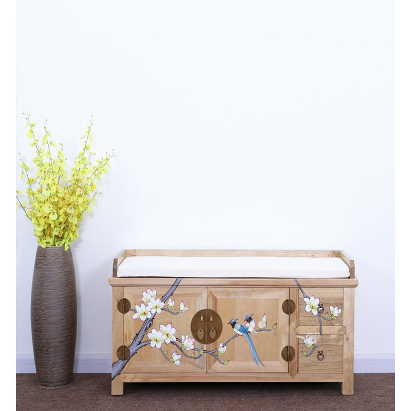 Solid Wood Traditional Hand-Painted Copper Lock Shoe Storage Bench