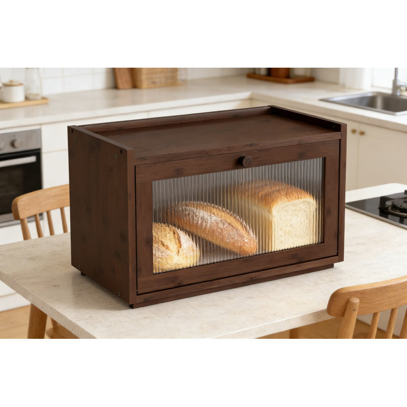 Grand contenant à pain avec porte en acrylique transparent ondulé, boîte à pain empilable en bambou pour comptoir de cuisine, garde-pain en bois de style maison de campagne avec plateau plat et base antidérapante
