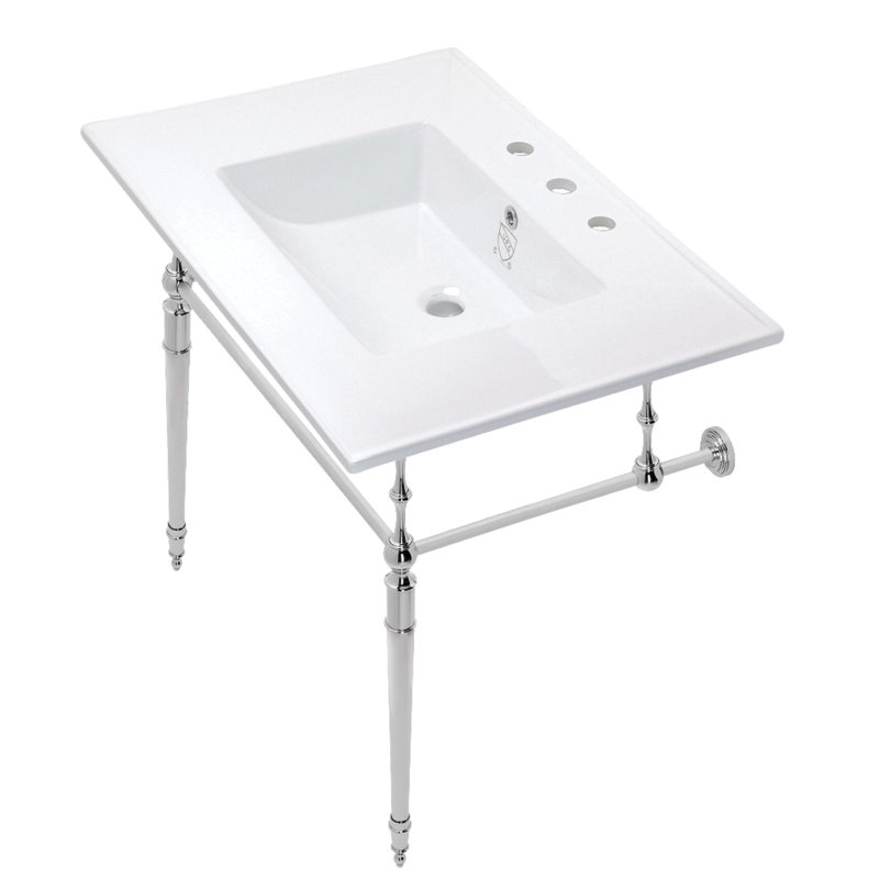 Kingston Brass Edwardian 31-Inch Ceramic Console Sink with Brass Legs, White/Polished Chrome, 8" Centers
