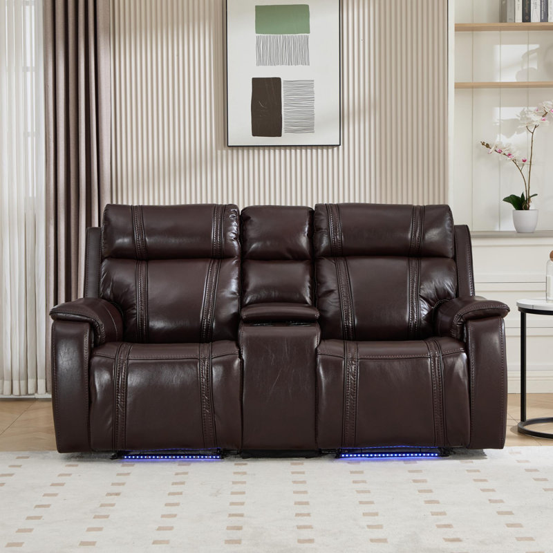 Canapé inclinable électrique moderne de 192 cm de large avec bande lumineuse DEL et console centrale, Brun